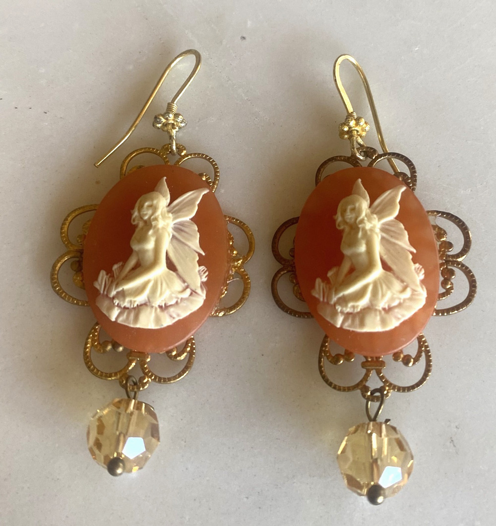 Vintage Fairy Cameo BIG Dangle Earrings Gold Tone Filigree w Crystal Dangle!!
